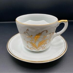 Vintage Lefton 6120 Hand Painted Gold Trim Teacup with Mustache Guard & Saucer
